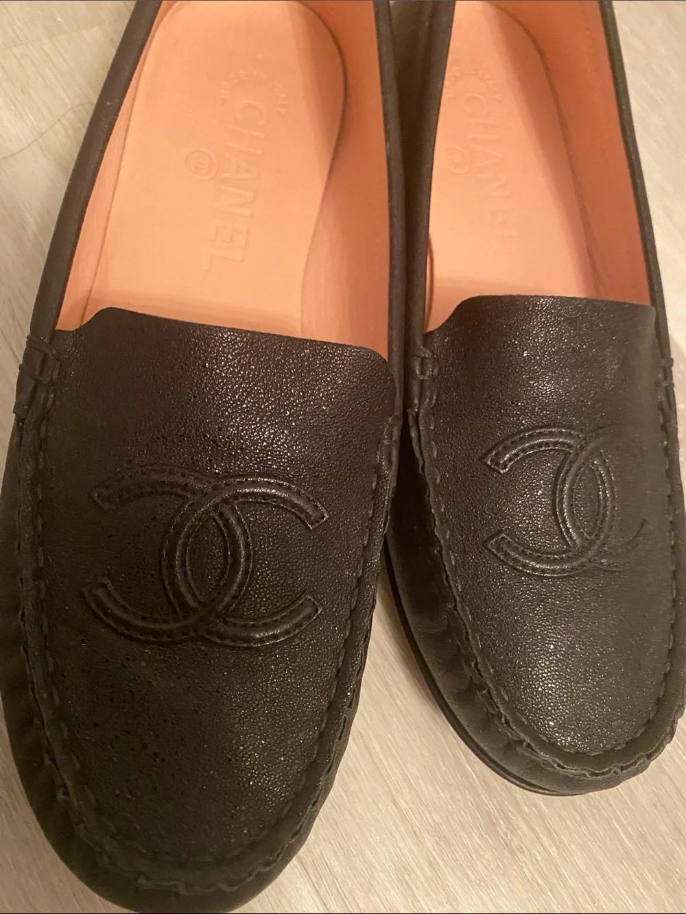 CHANEL Black Leather CC Logo Driving Loafers size 6.5